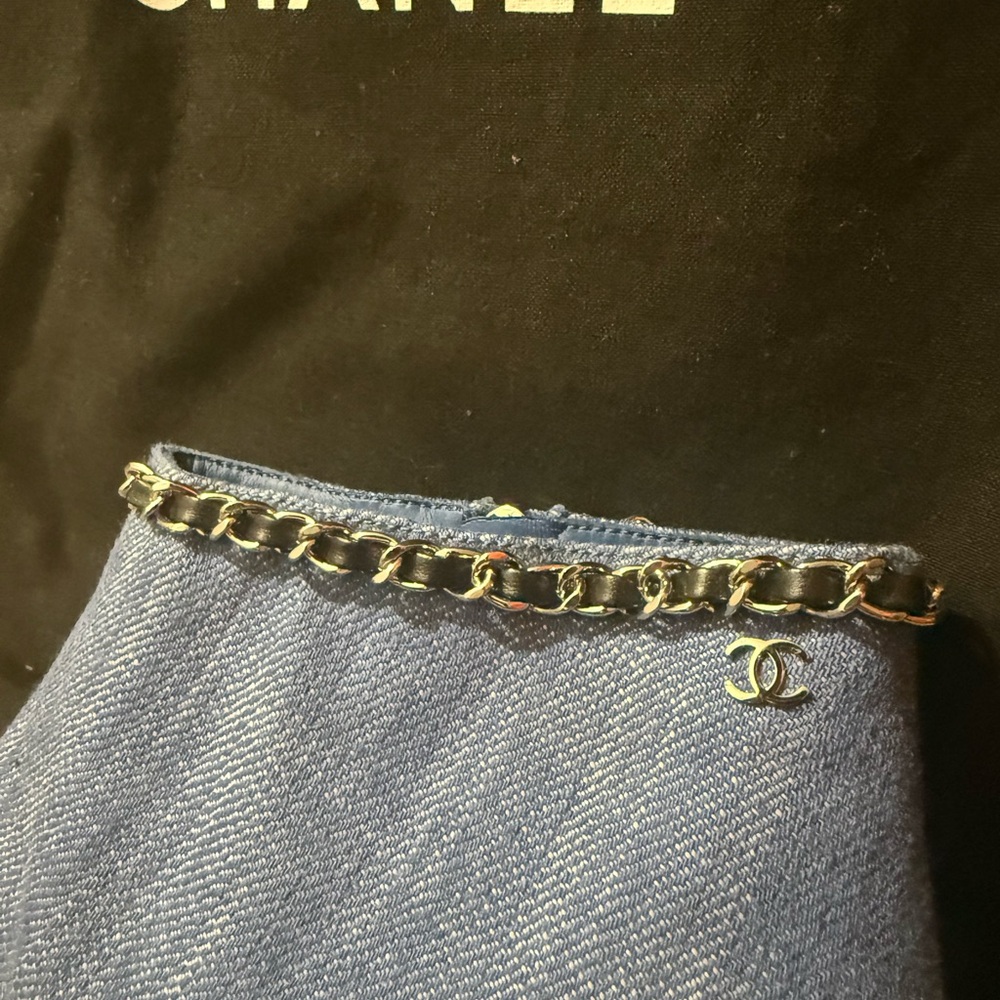 CHANEL Denim Blue Heeled Bootie with Chain Accent - Picture 5 of 9